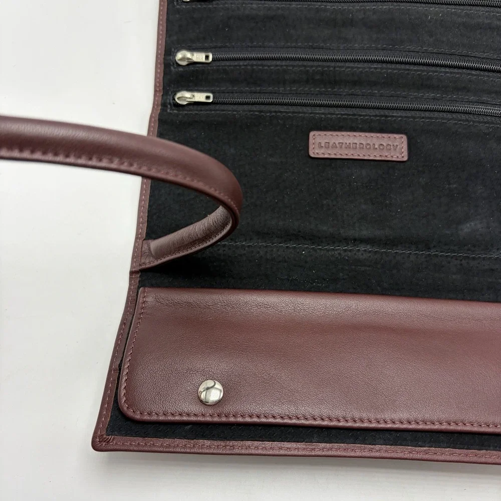 Leatherology Travel Jewelry Roll Tan Leather Burgundy 8.5